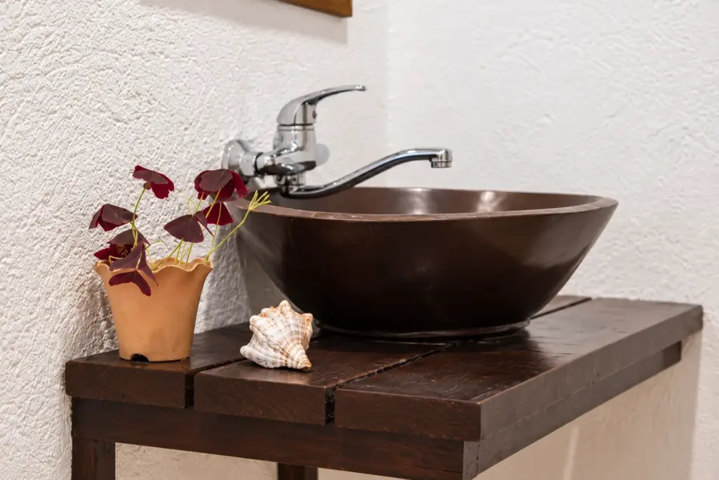 Dark wood vanity with a bowl sink and a potted plant