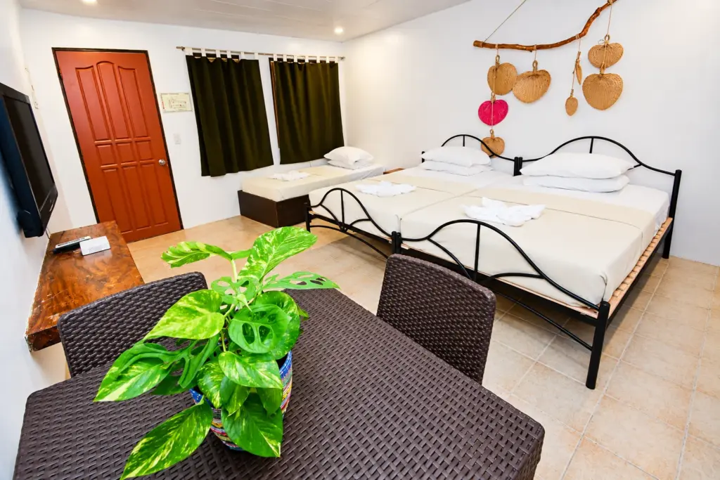 Dining table with a plant in front of the double beds