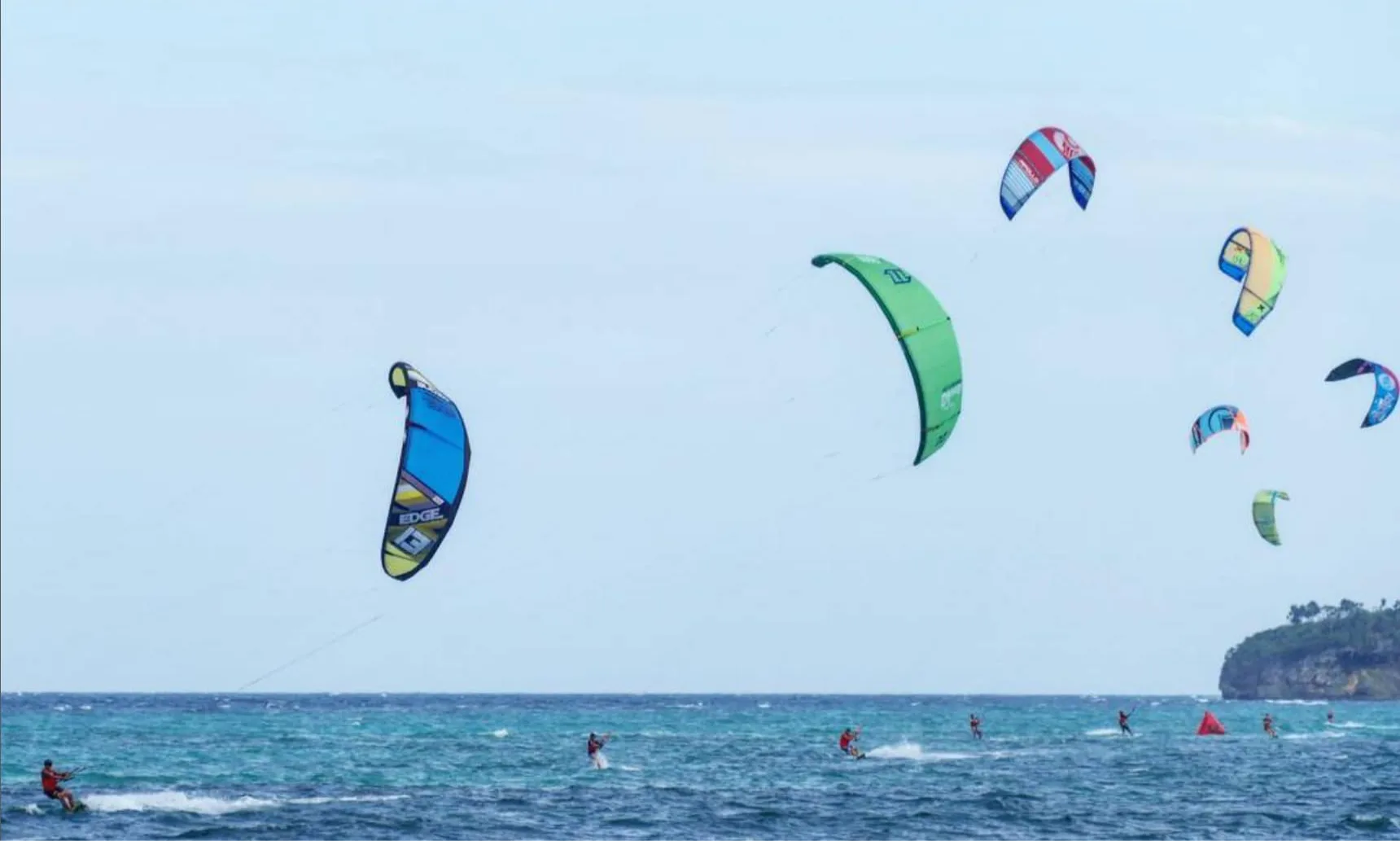 Kitesurfers riding the wind off Bulabog Beach, Boracay