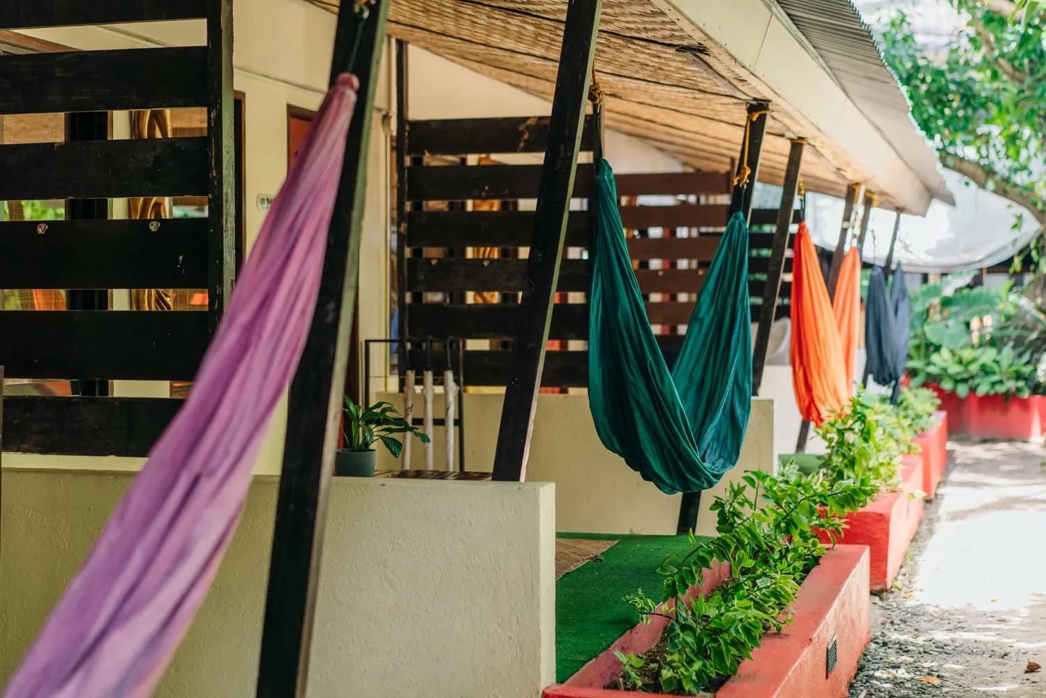 Coloured hammocks strung along the terraces at The Lazy Dog
